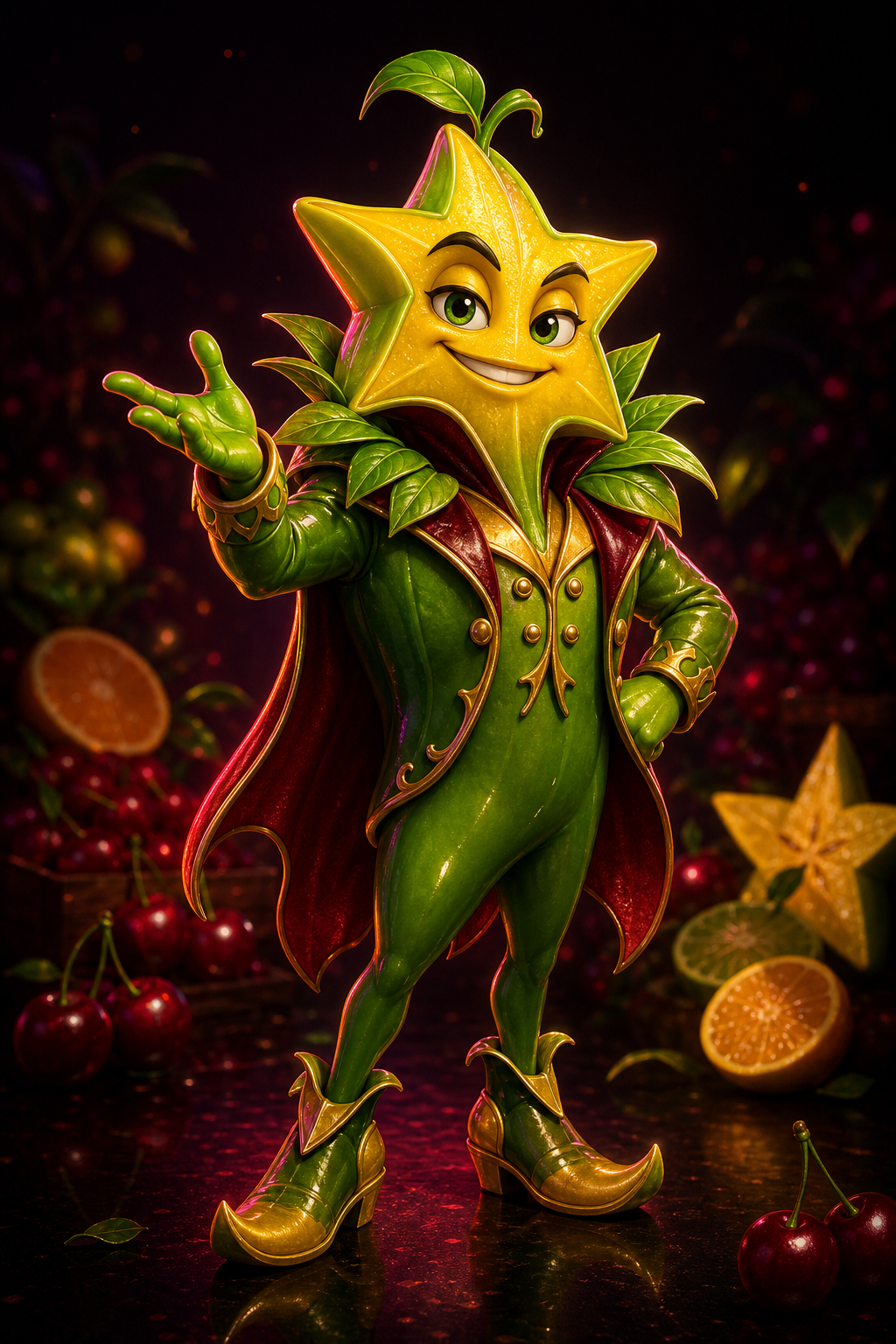 A starfruit and green vegetable casino host mascot for Lunari Nest